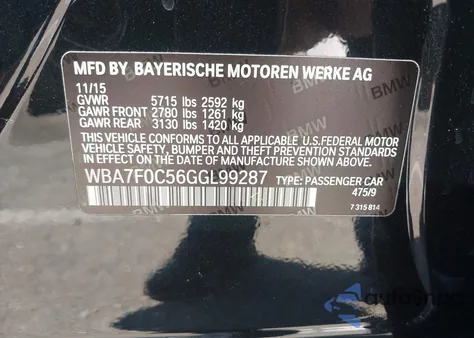 2016 BMW 750I from USA, damaged, VIN WBA7F0C56GGL99287